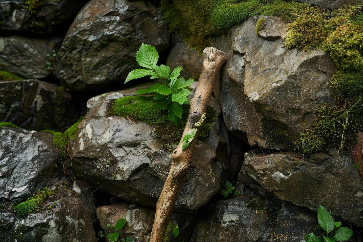 Moss covered rocks and a wooden stick in a lush, natural setting photo