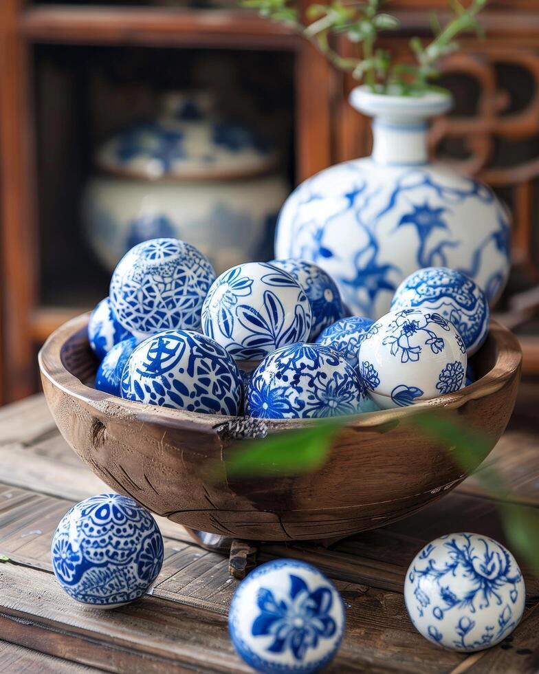 Decorative blue and white ceramic eggs in a wooden bowl photo