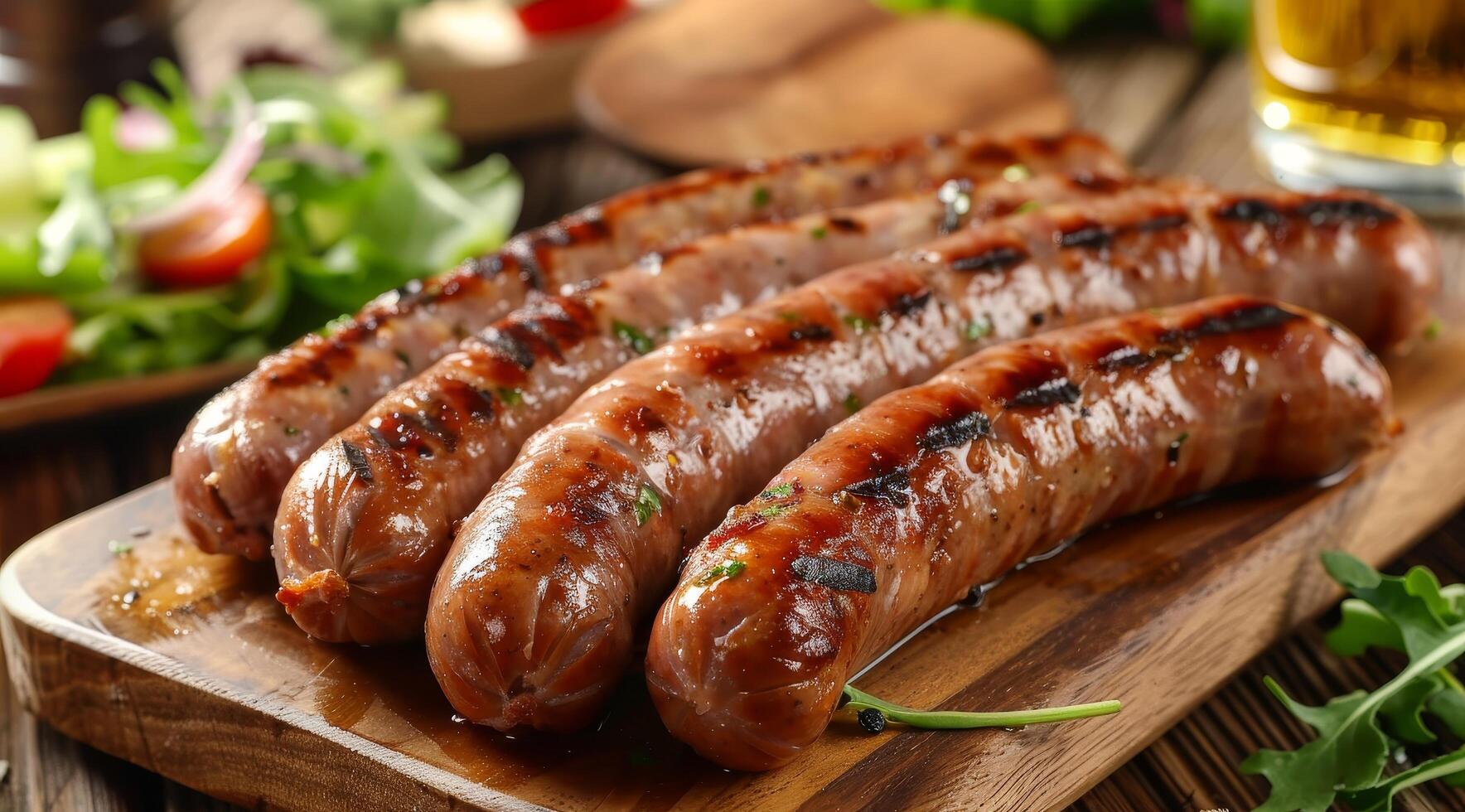 Grilled sausages with fresh salad photo