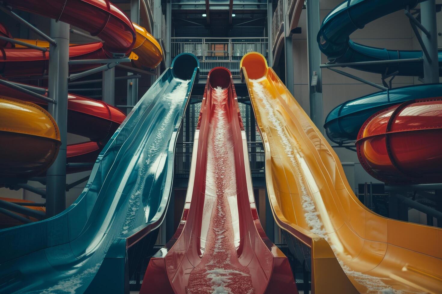 Colorful water slides in an indoor amusement park photo