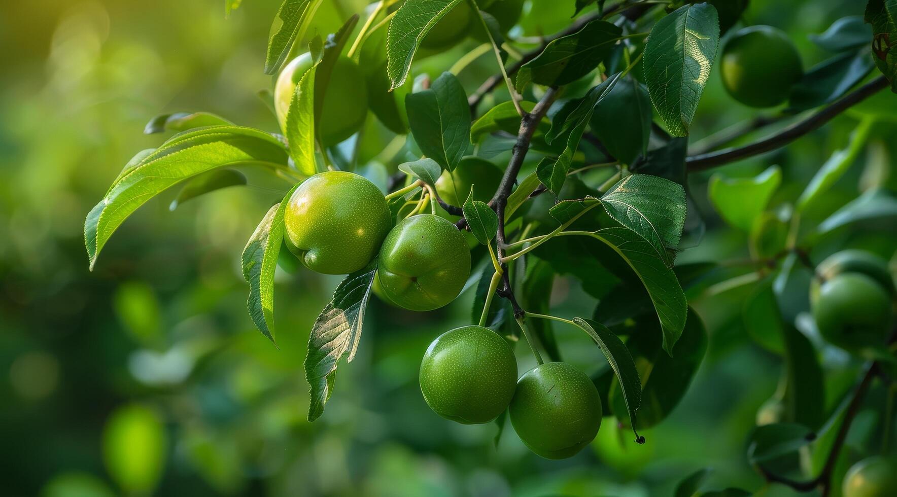 Green apples growing on a tree branch photo