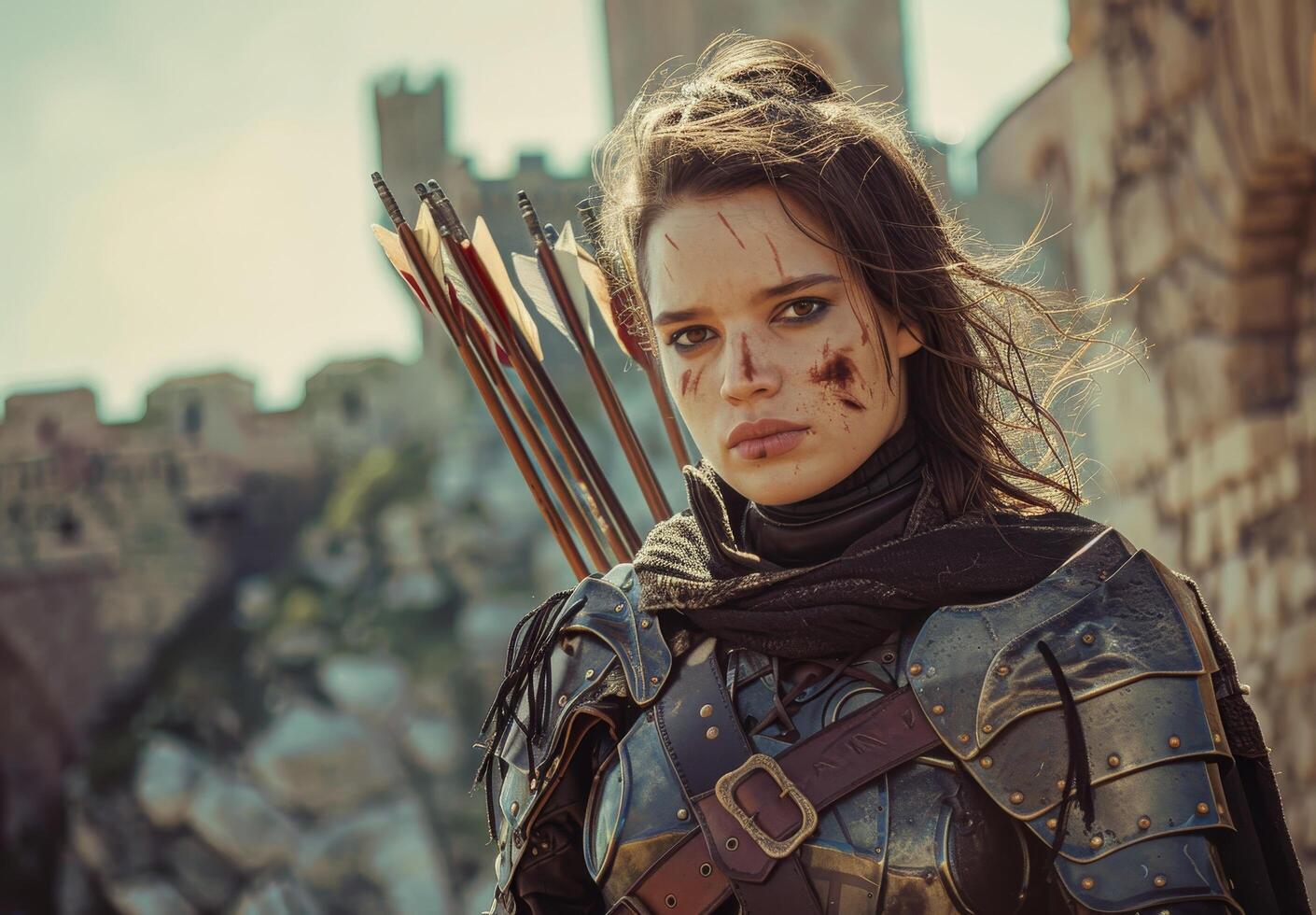 Warrior woman with bow and arrow in post apocalyptic setting photo