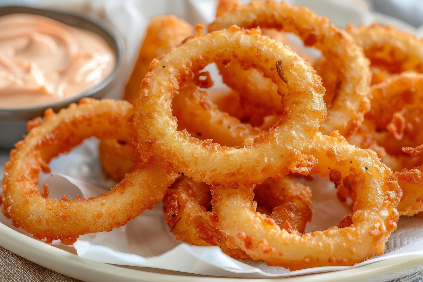 Crispy fried onion rings with dipping sauce photo