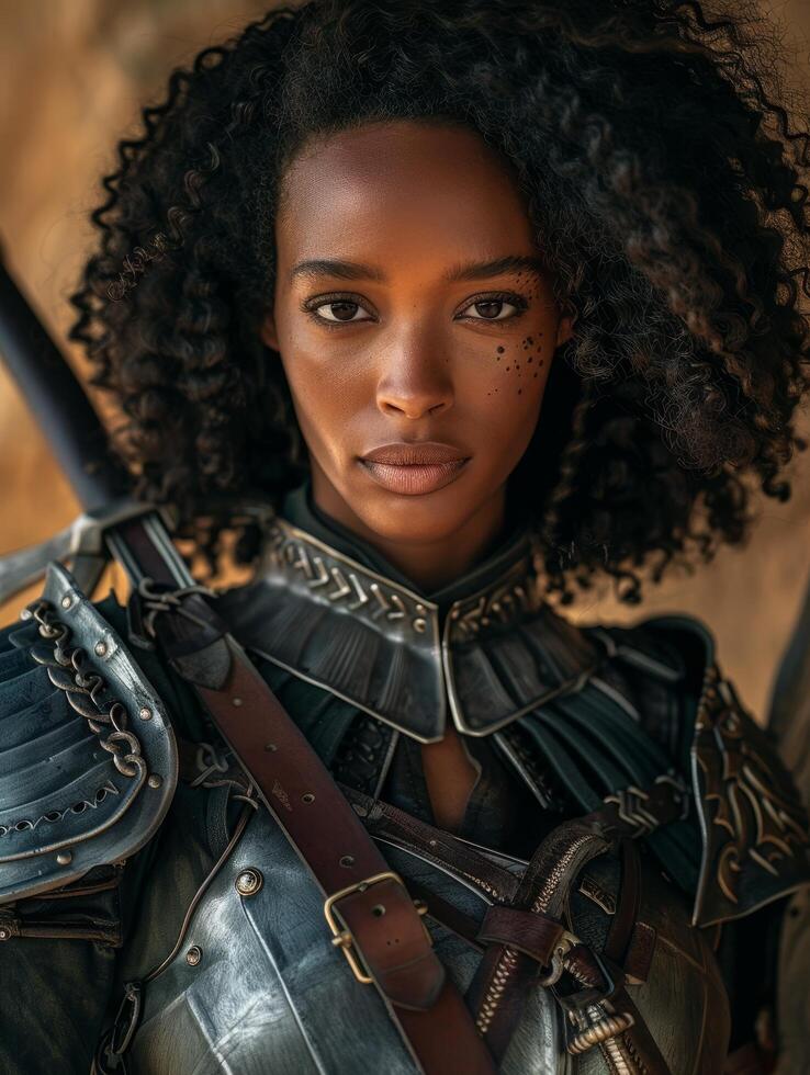 Powerful female warrior in futuristic armor photo