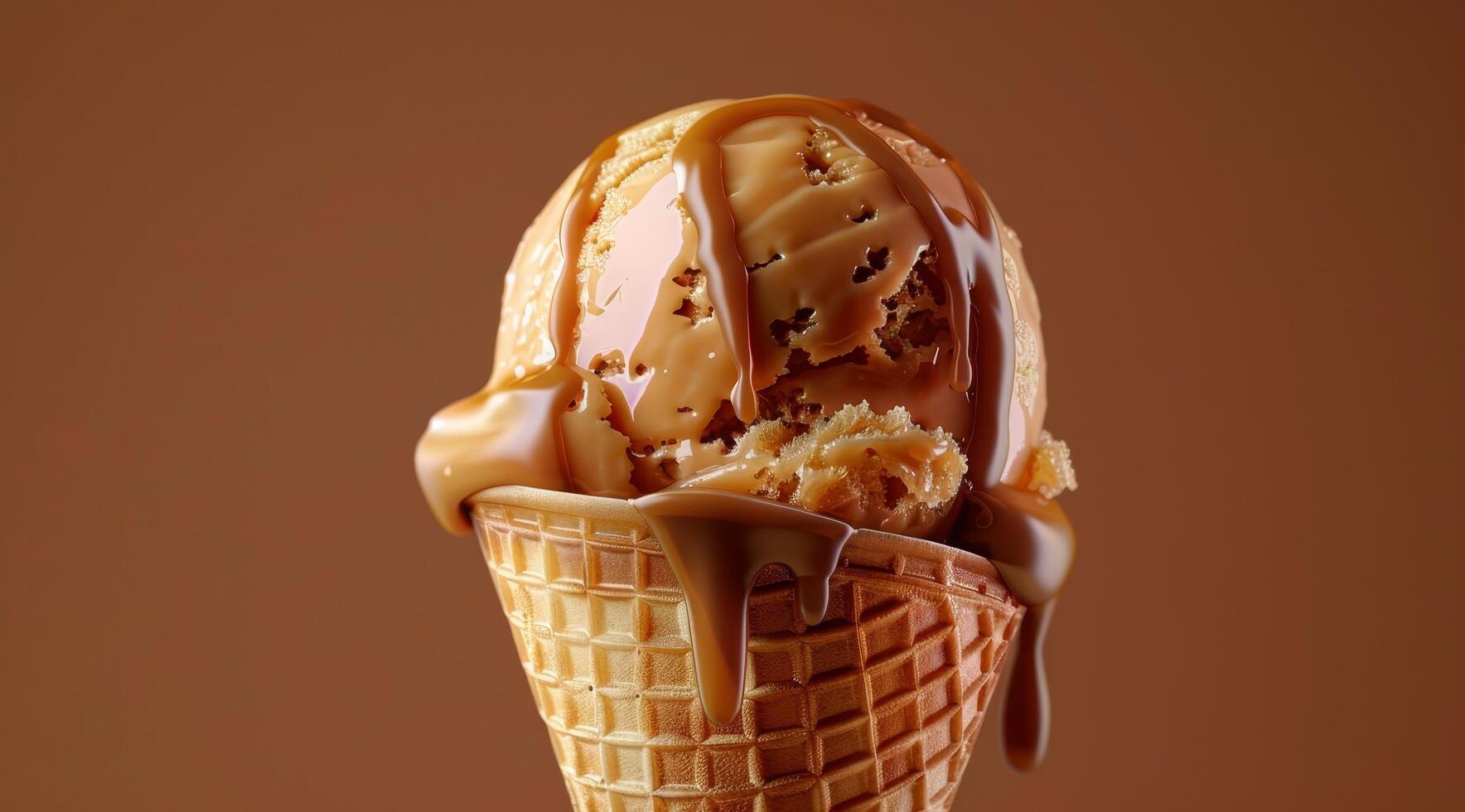 Delicious ice cream cone with caramel drizzle photo