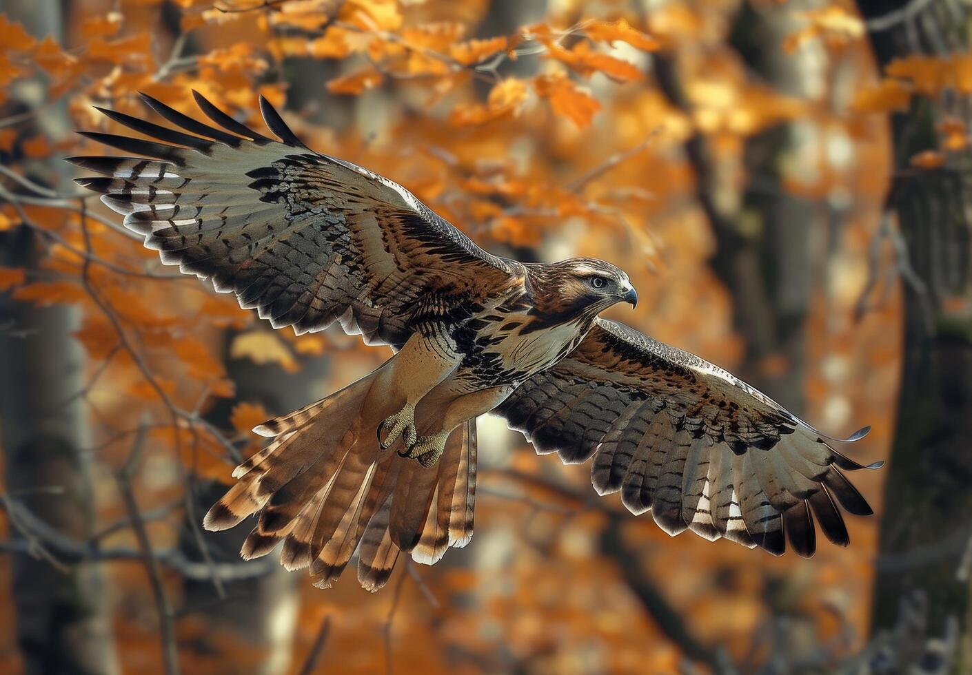 Majestic bird of prey soaring through autumn foliage photo