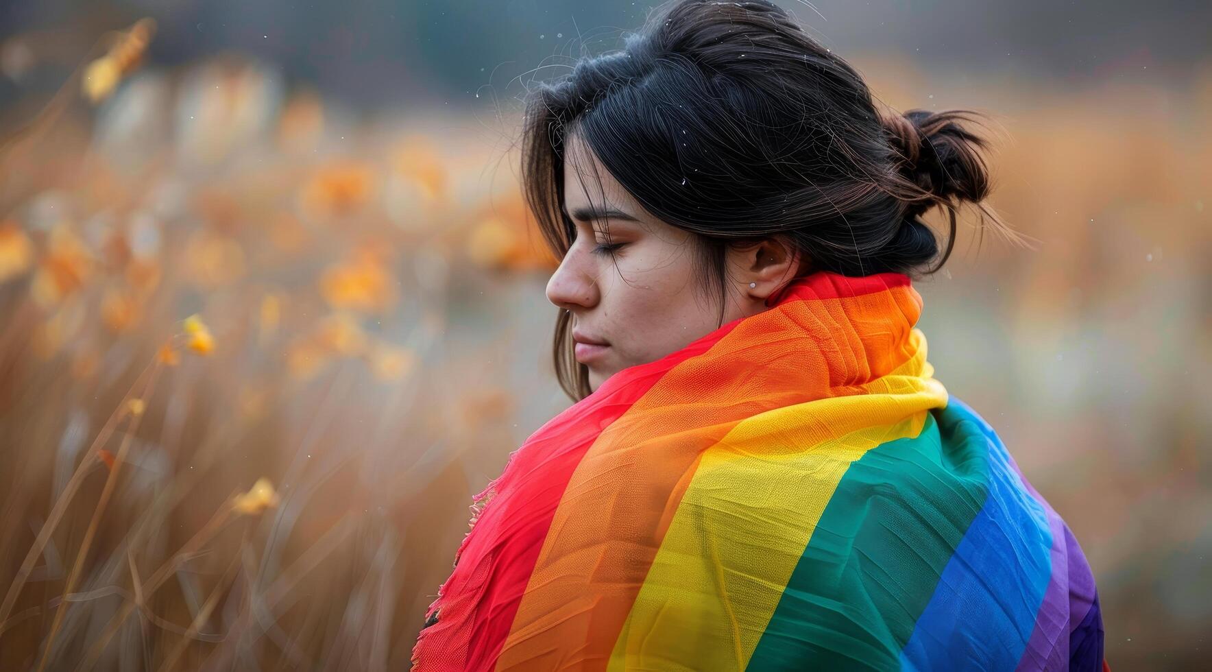 Person wrapped in rainbow flag enjoying autumn scenery photo