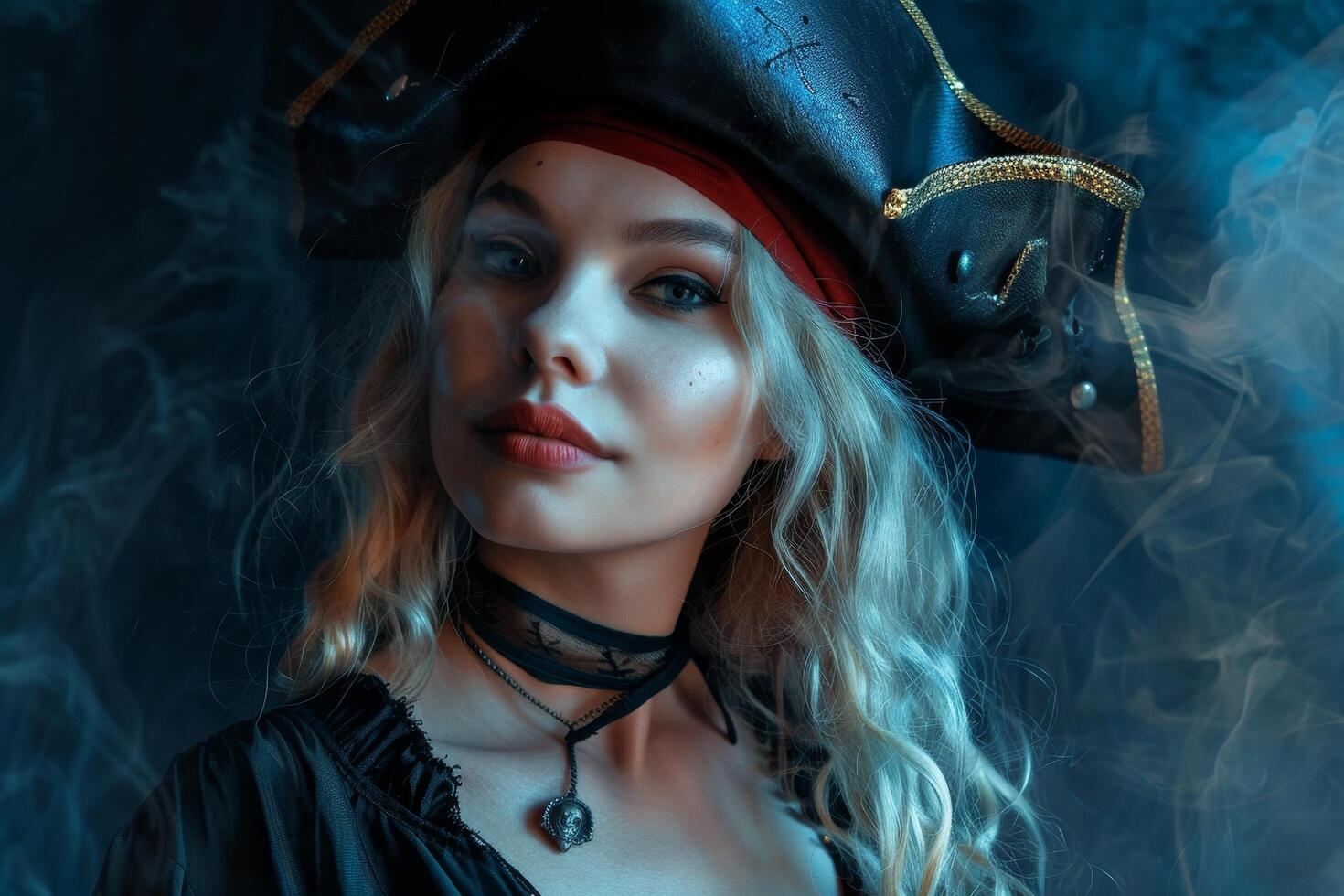 Mysterious pirate woman in dark smoky atmosphere photo