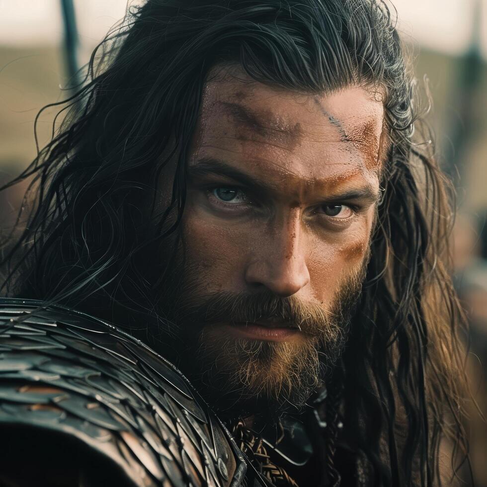 Rugged warrior with intense gaze photo