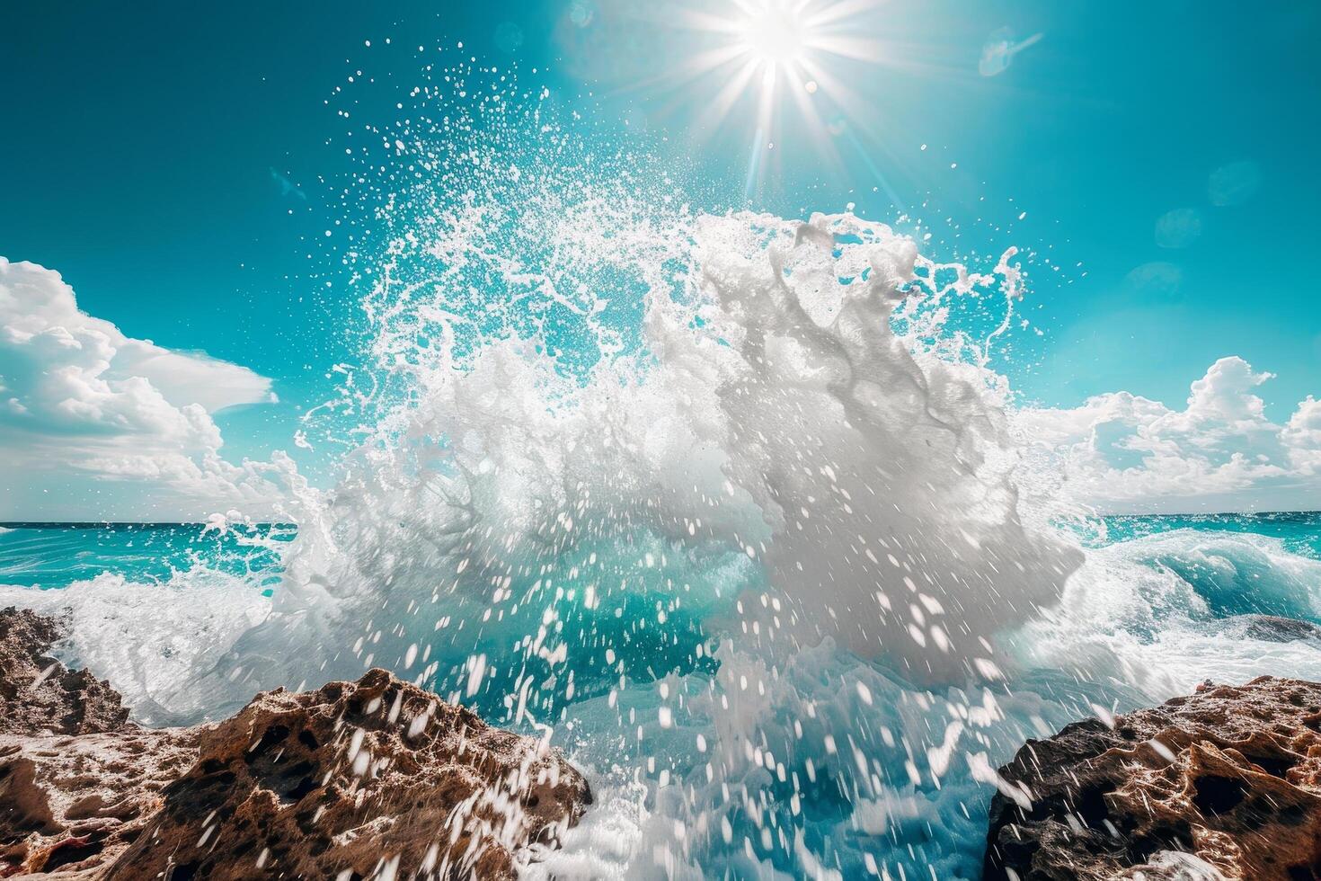 Powerful ocean wave crashing against rocks photo