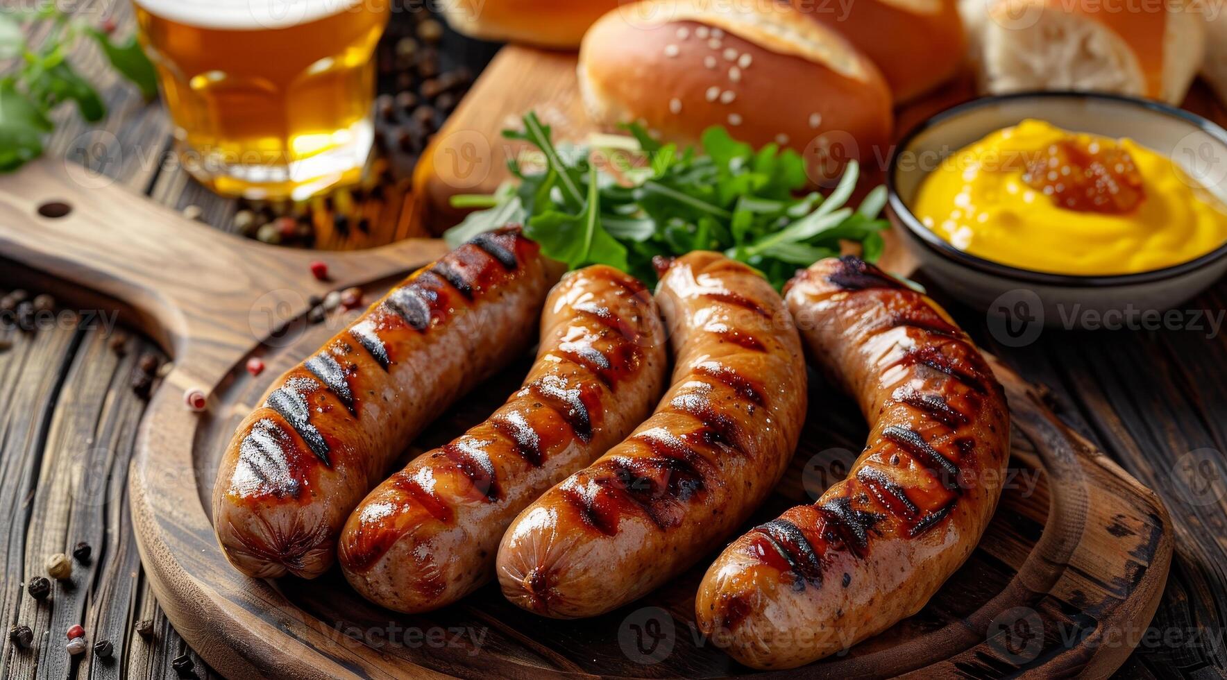 Grilled sausages with mustard and beer photo