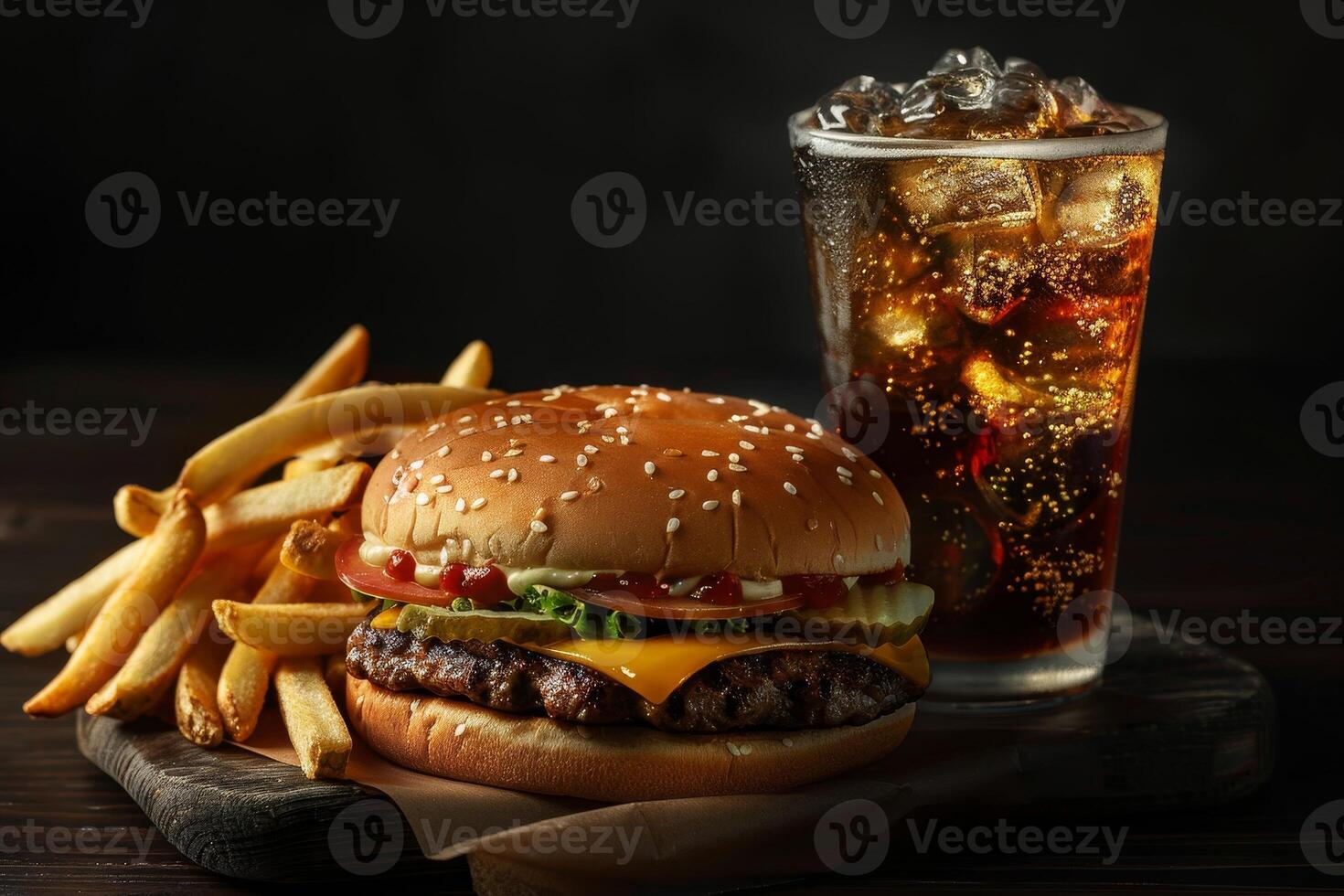 Delicious fast food meal with burger, fries, and soda photo