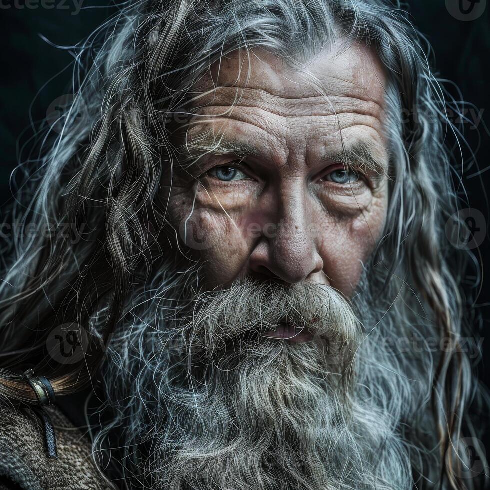 Weathered face of an elderly man with long gray hair and beard photo