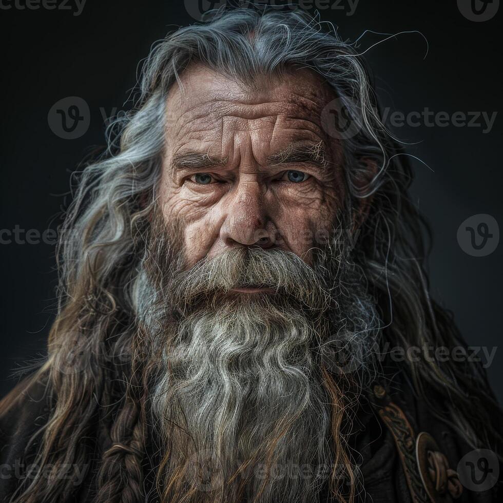 Weathered face of an elderly man with long gray beard photo