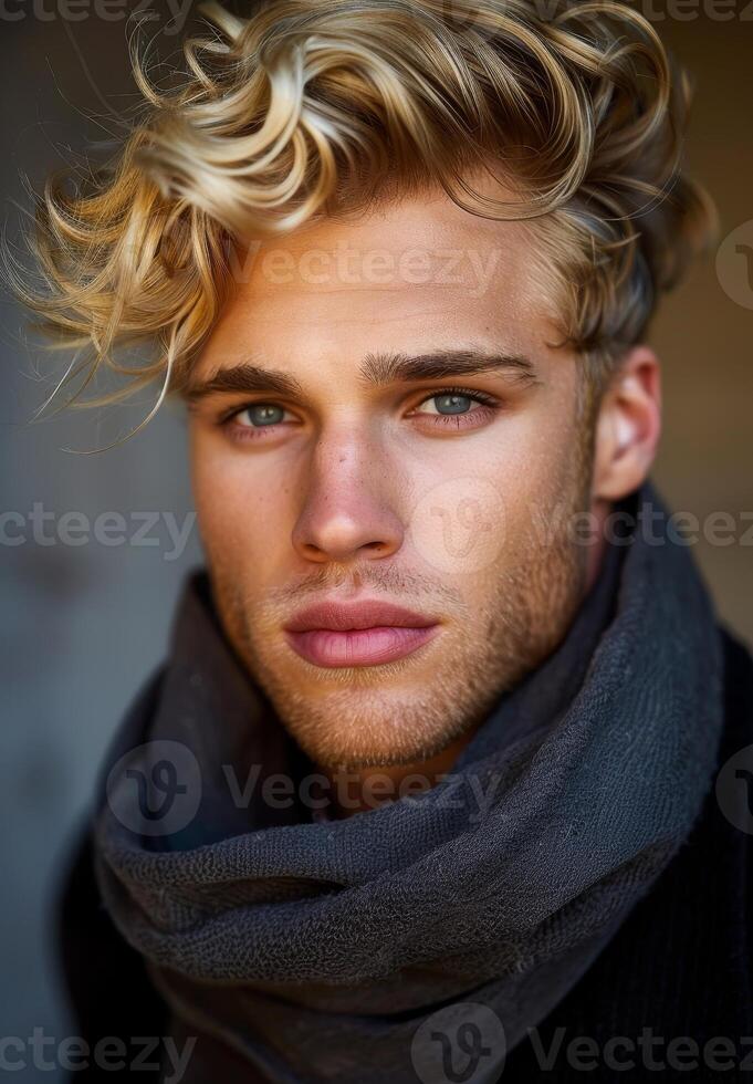 Handsome man with curly blond hair and blue eyes photo