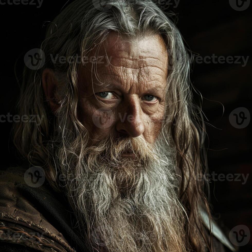 Weathered face of an elderly man with long gray beard photo