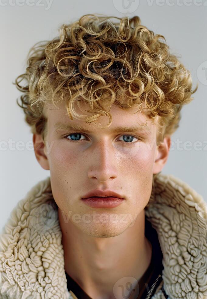Curly haired young man with blue eyes photo