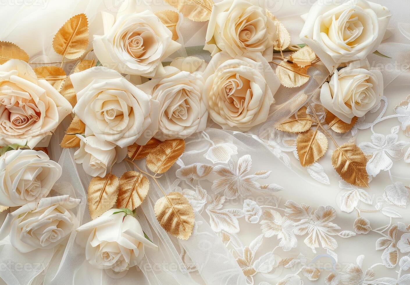 Elegant white roses with golden leaves photo