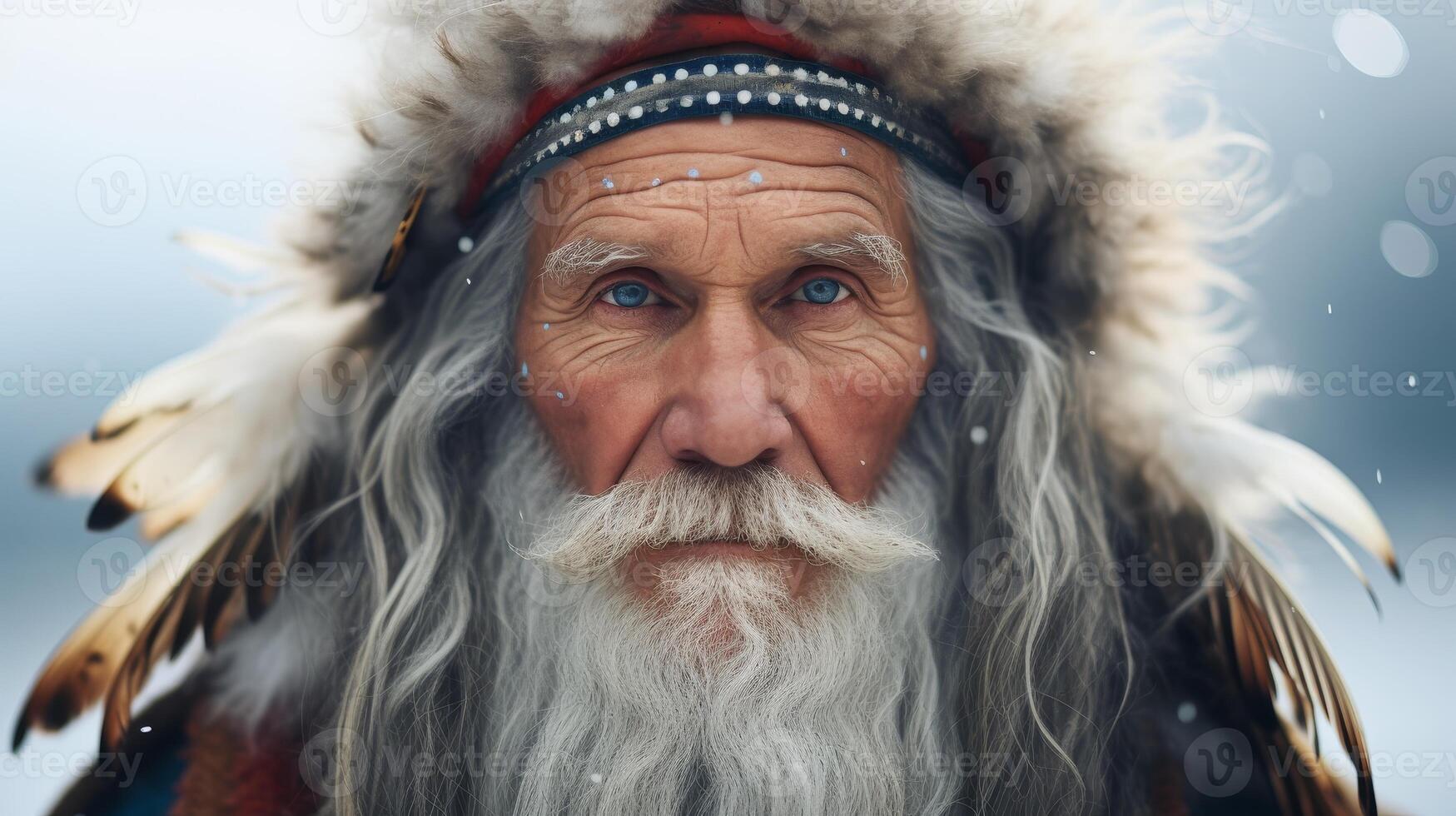 Weathered face of an elderly man with a long white beard and fur trimmed hat photo