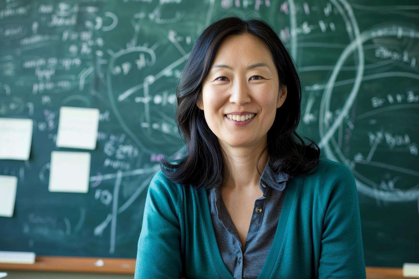 Smiling Asian woman in front of chalkboard photo