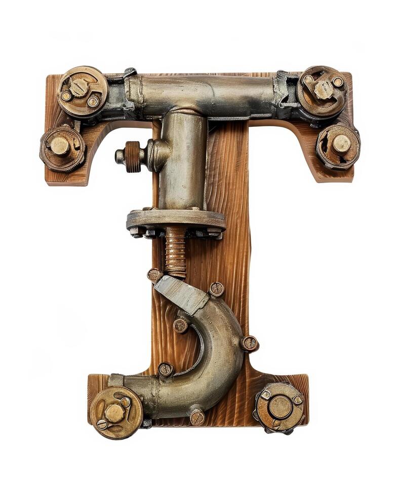 Vintage industrial letter T made from repurposed machine parts photo