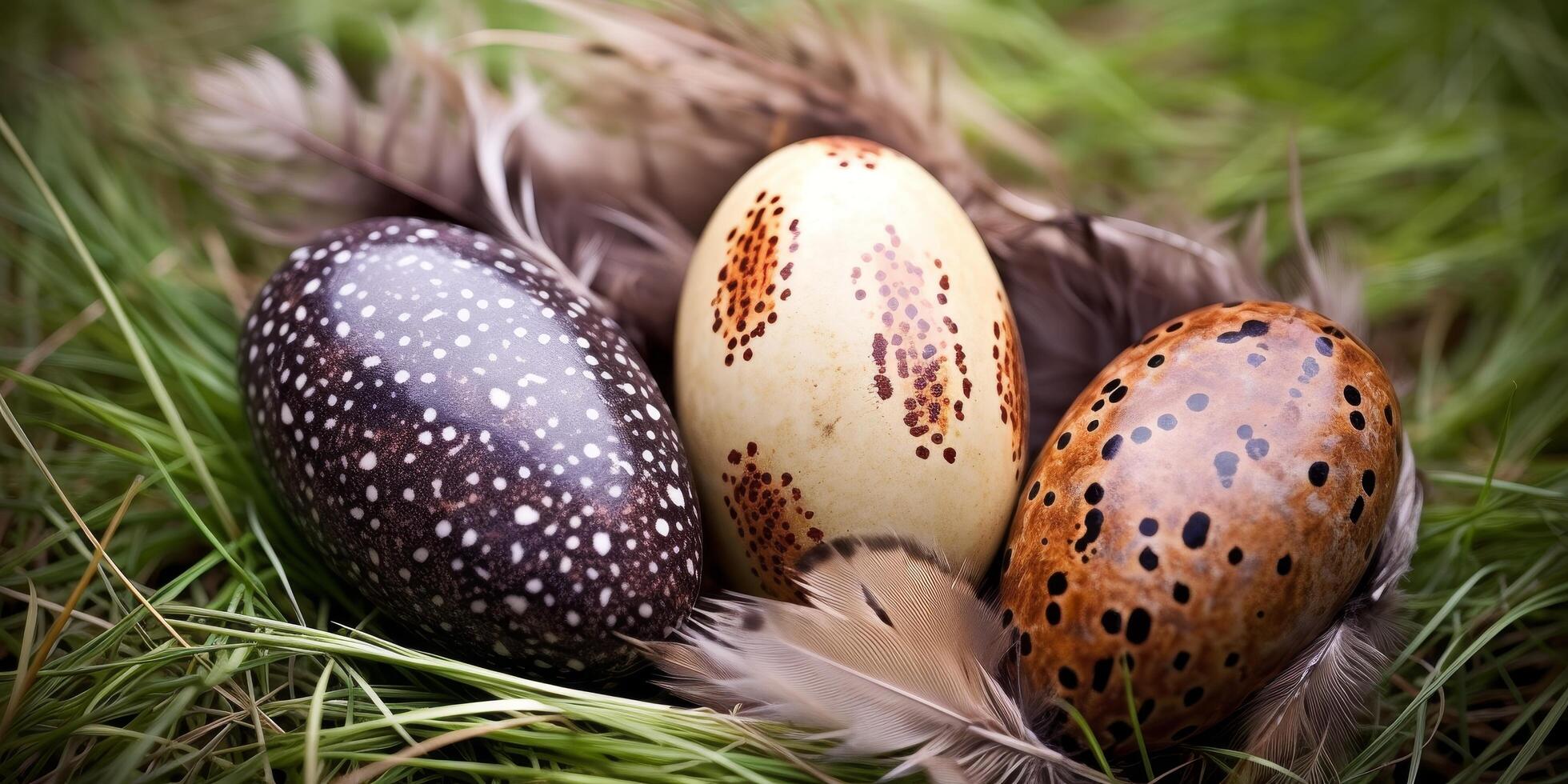 Decorative Easter eggs with feathers in grass photo