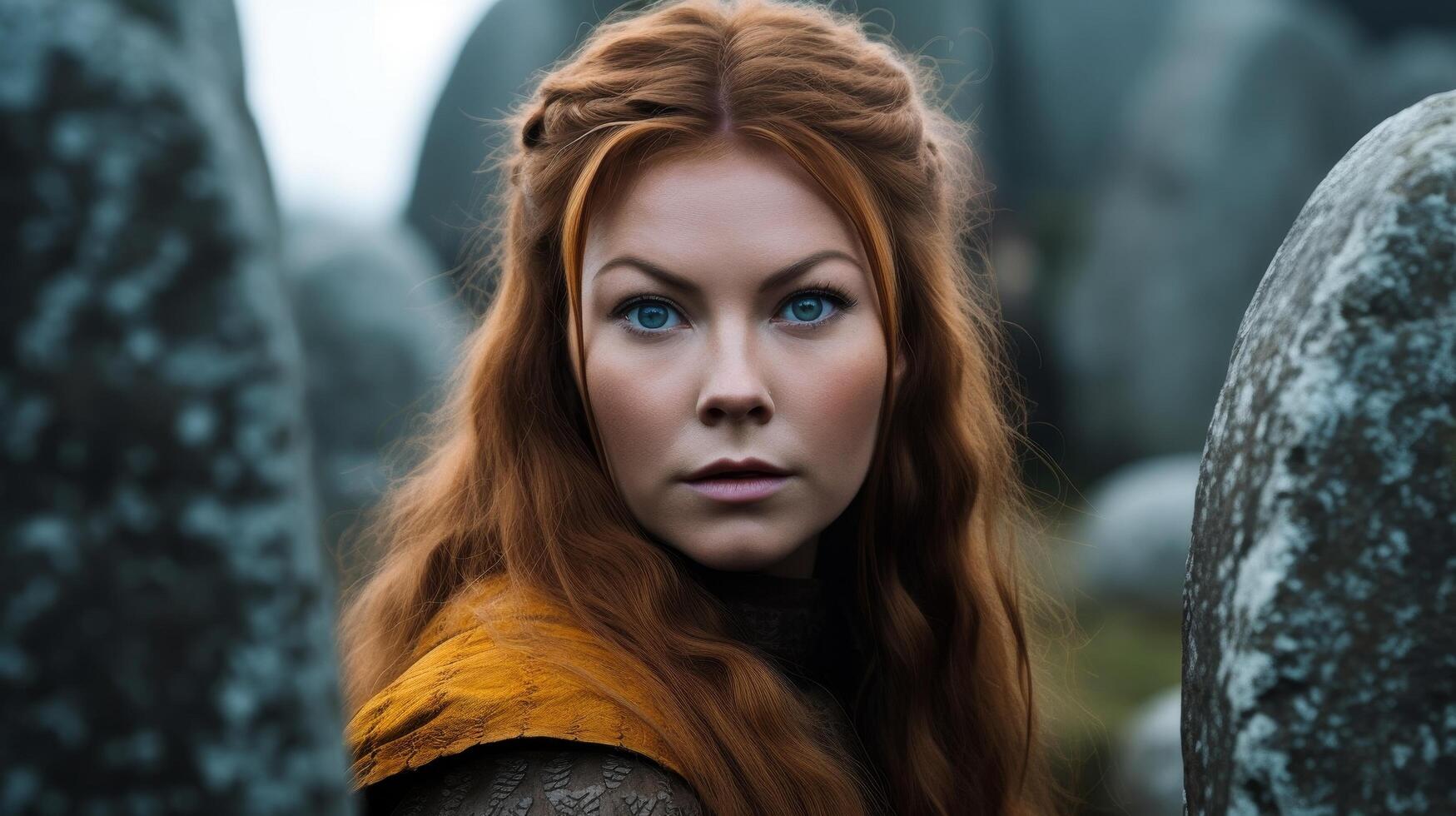 Mysterious woman with fiery red hair in a forest setting photo