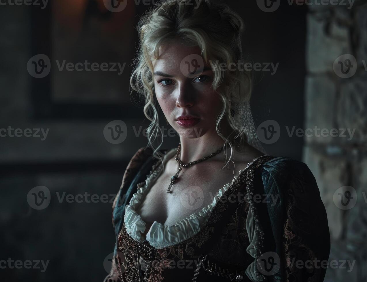 Mysterious medieval woman in a dimly lit castle photo