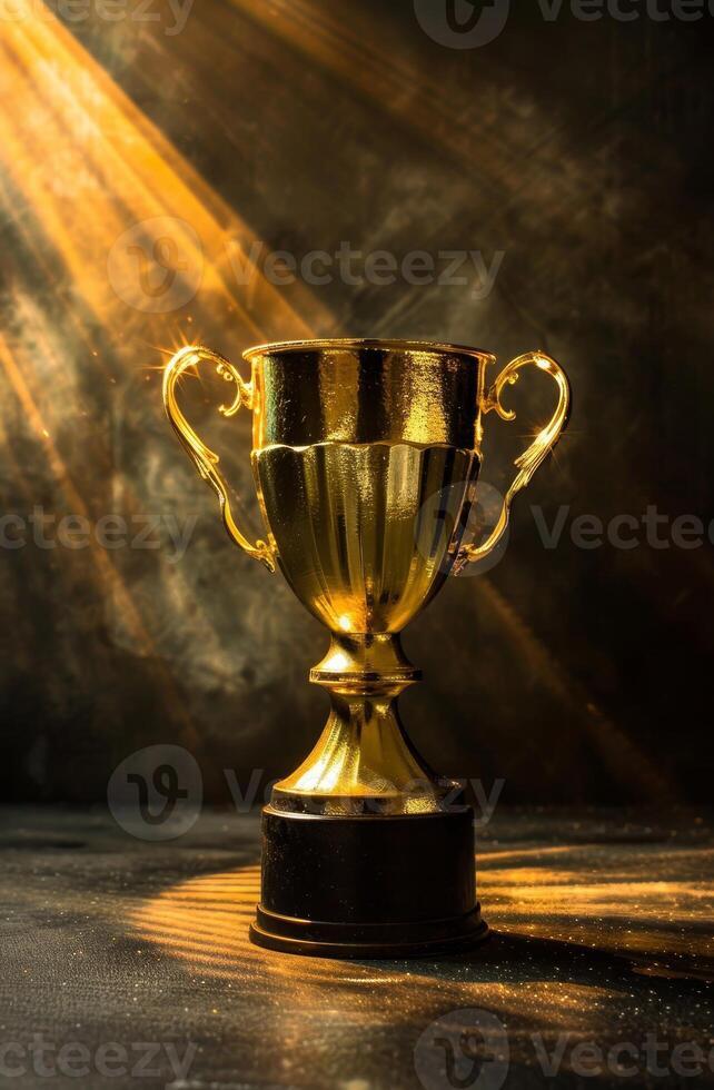 Golden trophy illuminated by dramatic lighting photo