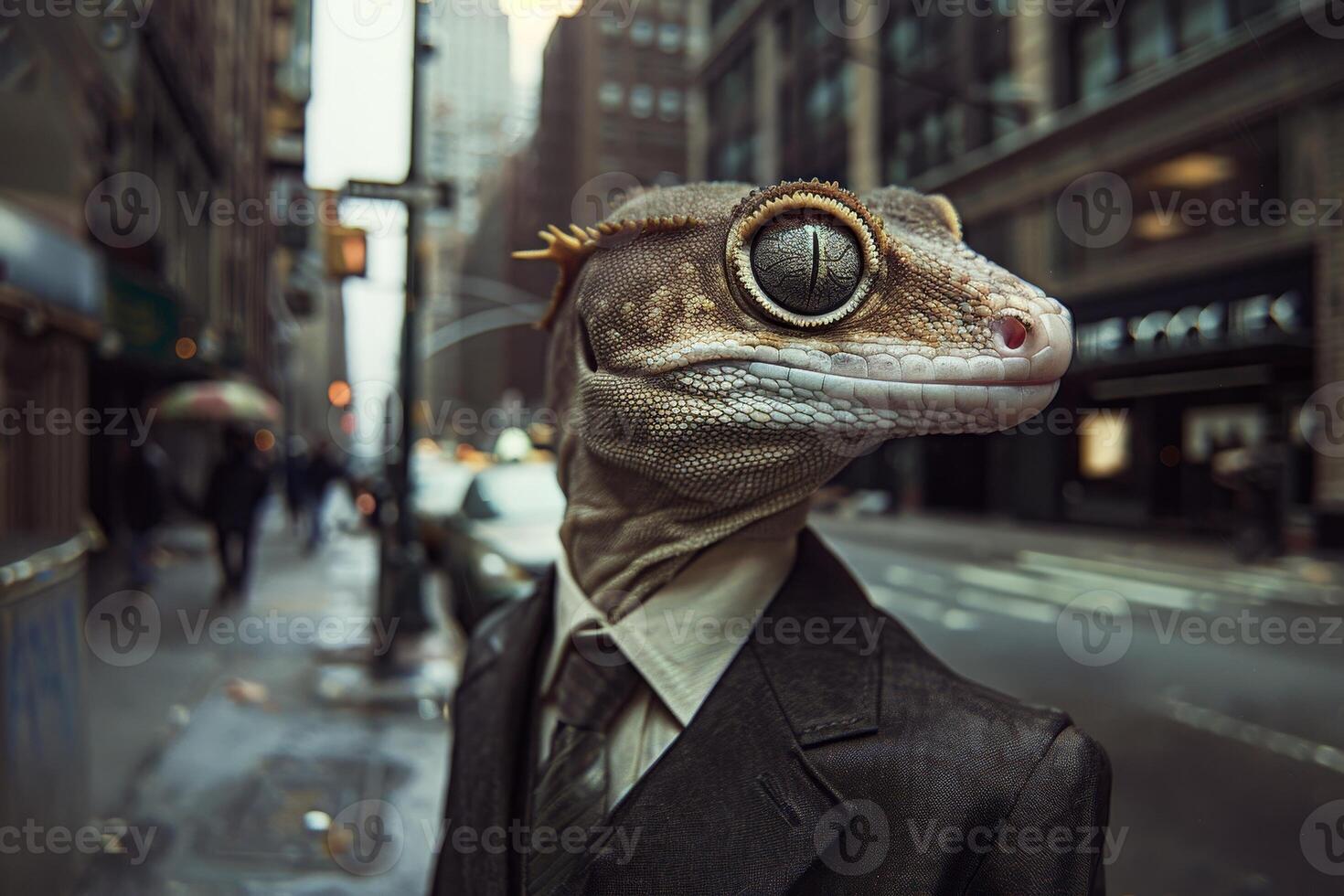 Lizard in a suit walking through a busy city street photo