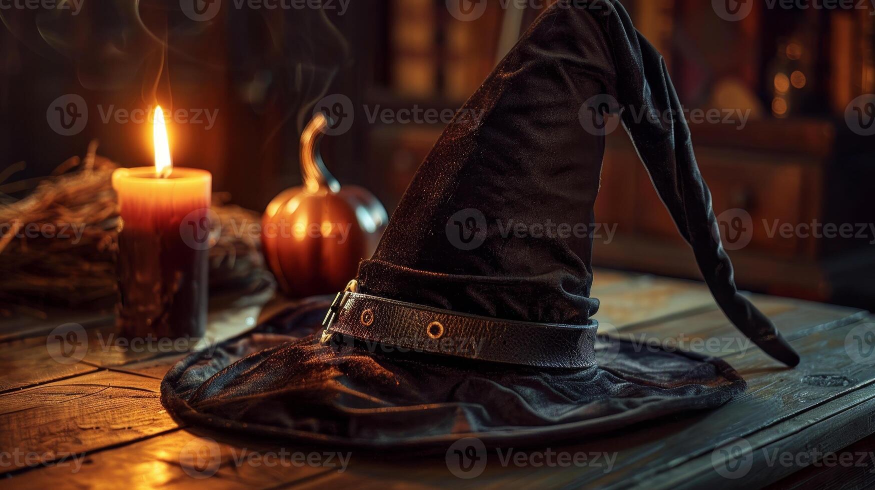 Mystical Witch Hat on a Wooden Table with Halloween Decorations photo