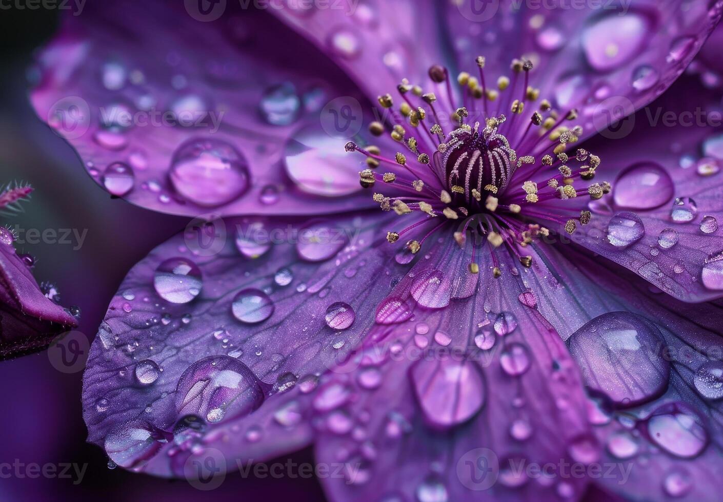 Close up of Dew Drops on Purple Flower photo