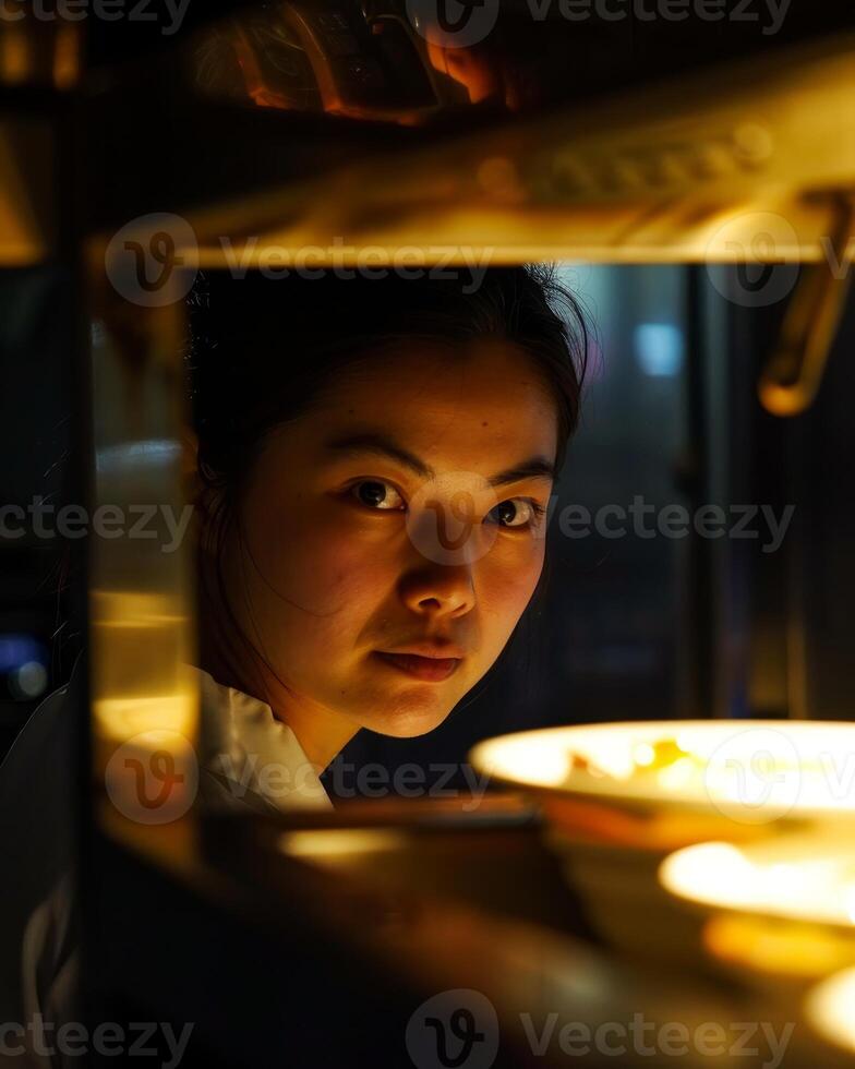 Focused chef inspecting dishes under kitchen heat lamp photo