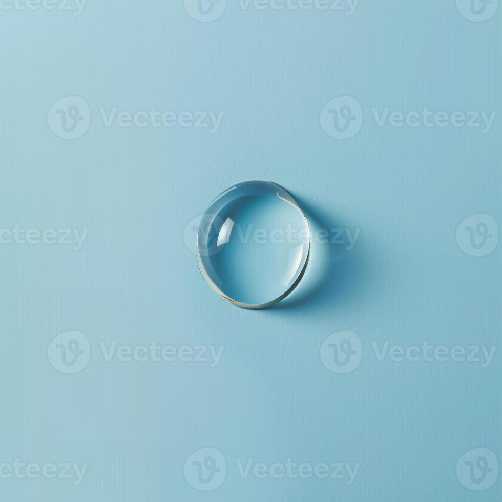 Minimalist image of a single water droplet on a blue surface photo