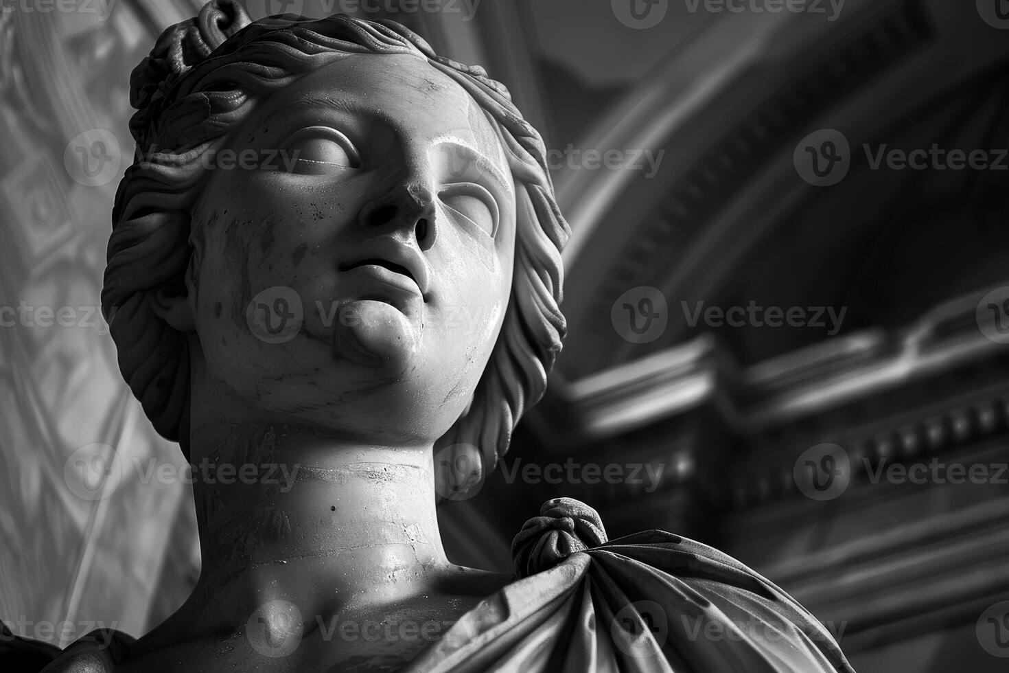 Elegant marble statue of a classical woman in monochrome photo