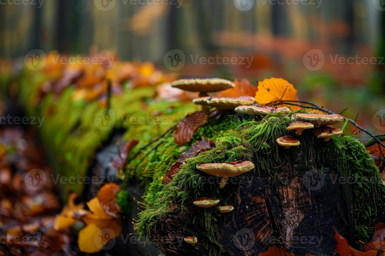 Mushrooms growing on a moss covered log in a vibrant autumn forest photo