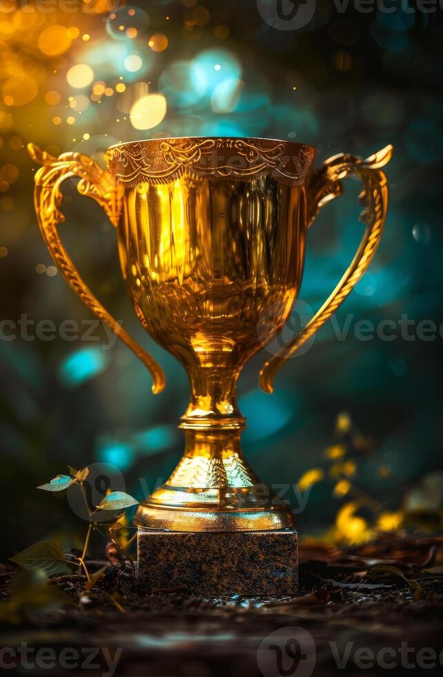 Golden trophy cup illuminated in a mystical forest setting photo