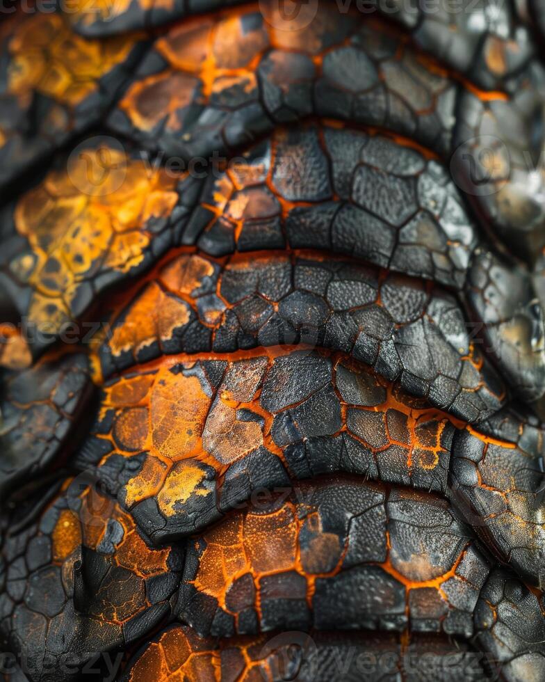 Close up of textured reptile skin with vibrant orange and black patterns photo