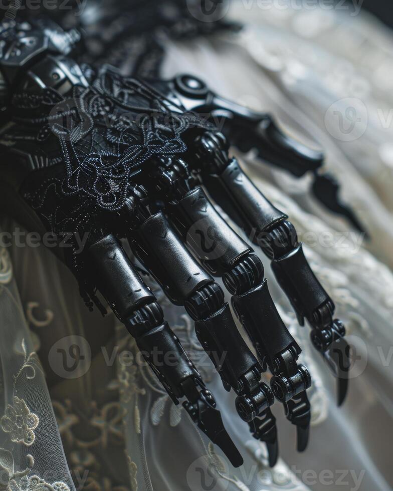 Elegant robotic hand touching delicate lace fabric photo