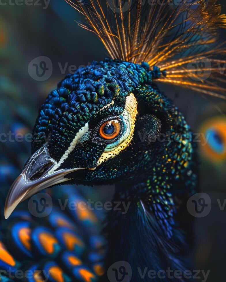 Close up of a Vibrant Peacock Showing Detailed Plumage photo