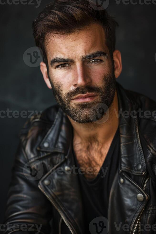 Handsome man in leather jacket posing with a serious expression photo