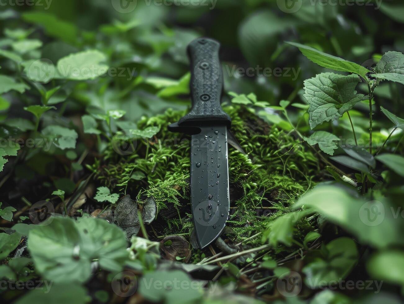 Survival Knife Planted in Mossy Forest Ground photo