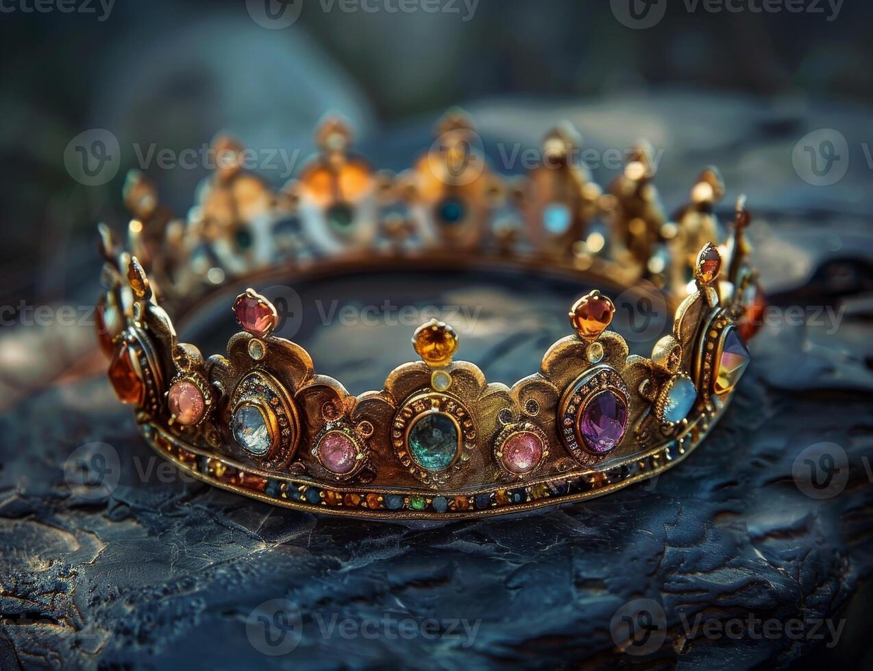 Elegant royal crown adorned with colorful gemstones on a textured surface photo