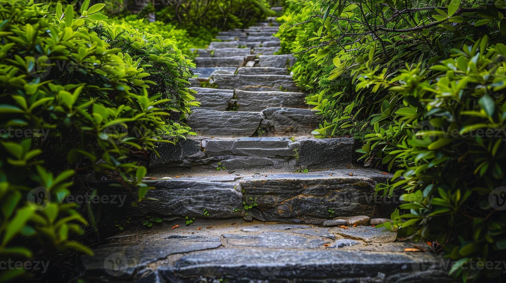 Stone pathway winding through lush green foliage photo