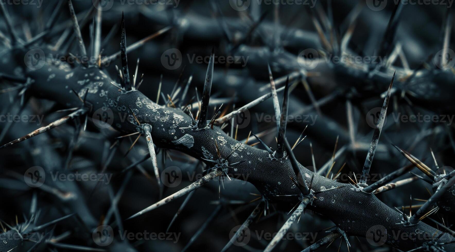 Close up of thorny branches with dewdrops in monochrome photo