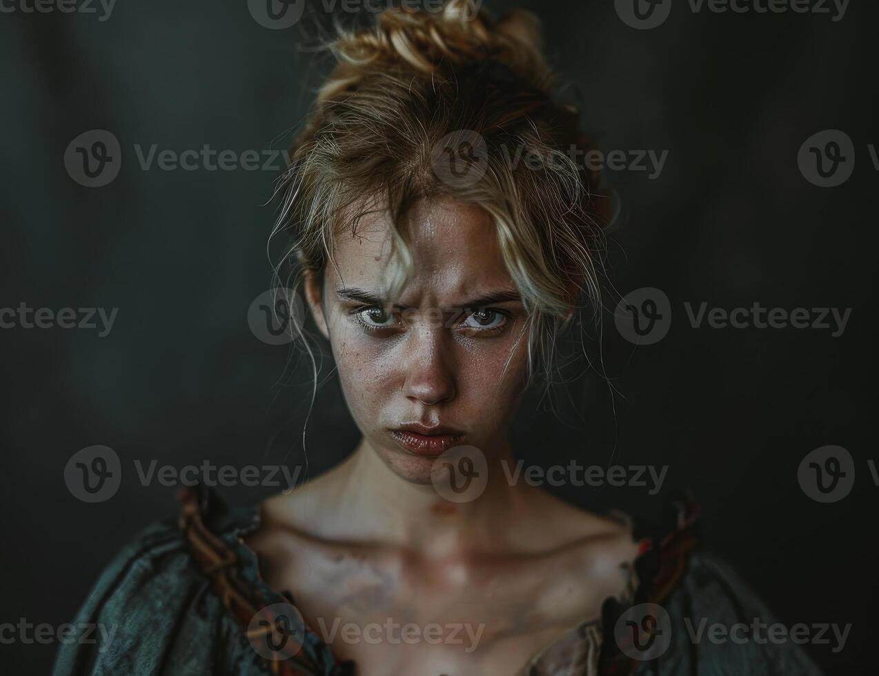 Intense portrait of a young woman with a dramatic expression photo