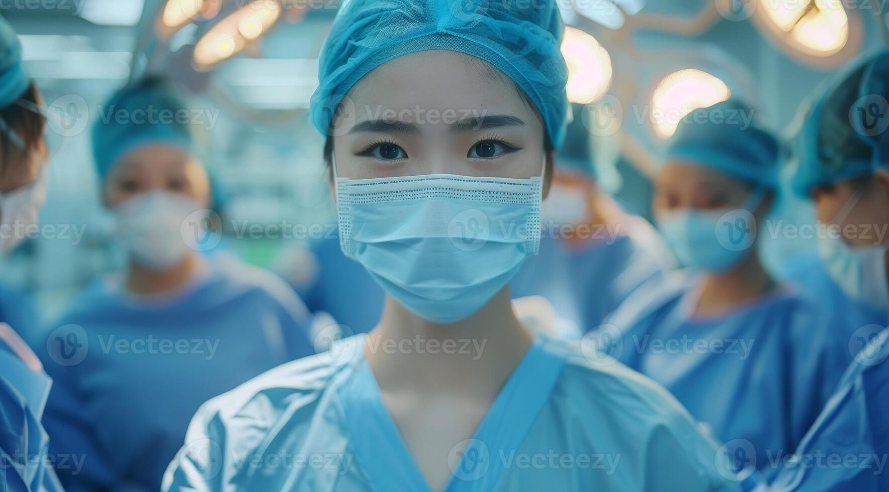 Confident female surgeon with team in operating room photo