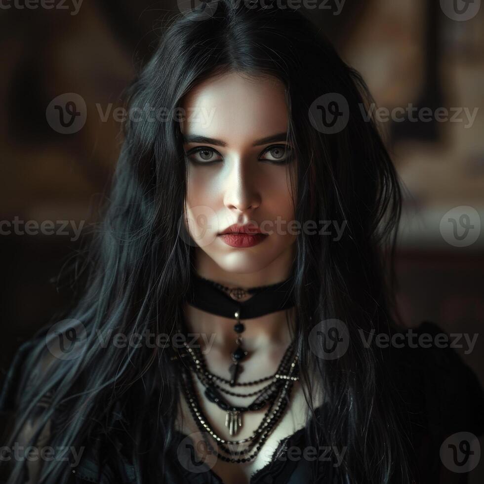 Mysterious Gothic Woman with Intense Gaze photo