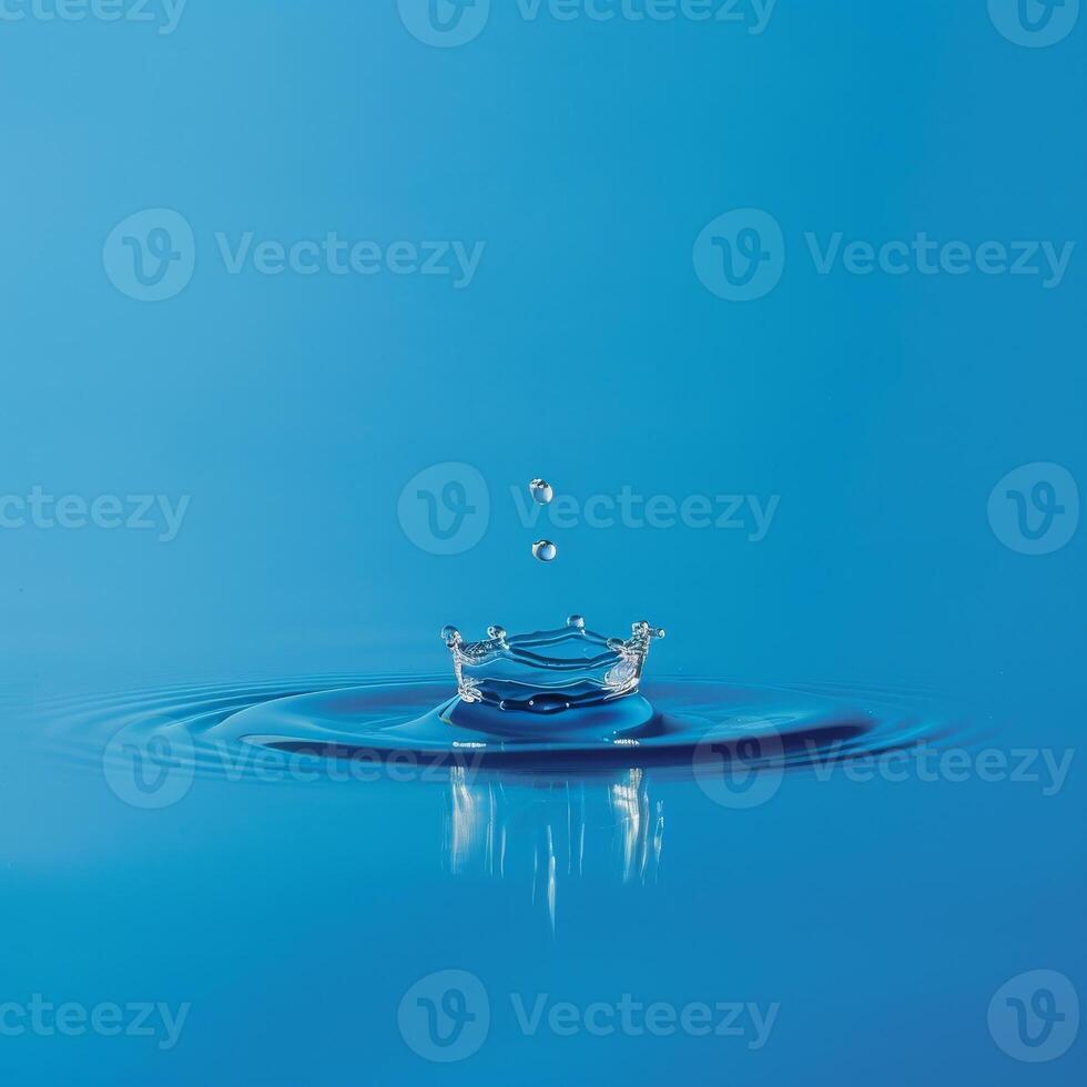 Perfect Water Drop with Ripple Effect on Blue Surface photo