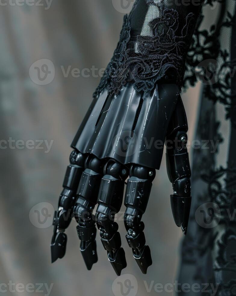 Elegant robotic hand adorned with black lace glove photo